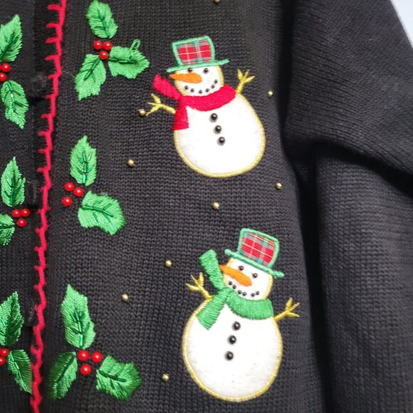 VTG Ship N Shore Christmas Cardigan Sweater Snowman Holly Beaded Embroidered XL - Picture 3 of 9